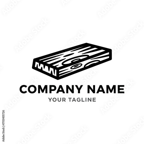 A black and white illustration of a wooden plank with a company name and tagline below.