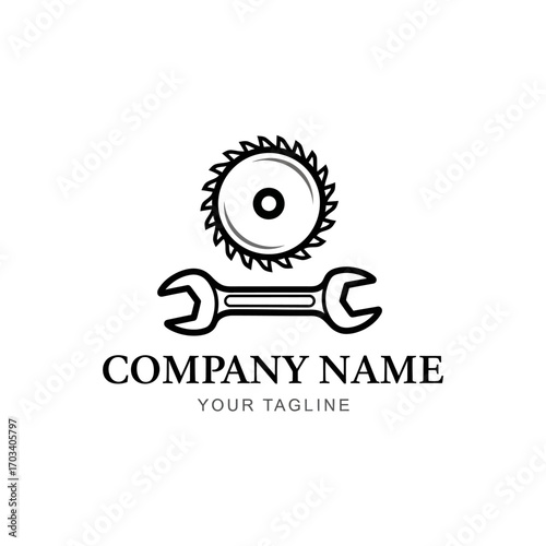 A black and white logo design featuring a circular saw blade and a wrench, symbolizing tools, repair, and industry.