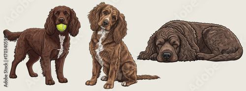 American Water Spaniel dog personality pose set vector illustration