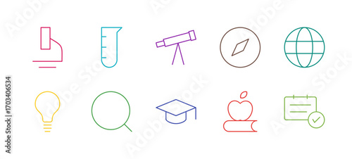 School and Learning Space Icon Set Flat Colorful Solid Line Bold Line Vector Collection