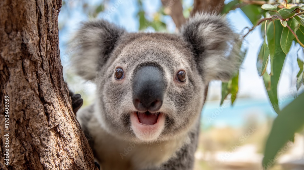 Fototapeta premium Close-Up Portrait of an Adorable Koala with a Playful Expression on a Tree in Australia