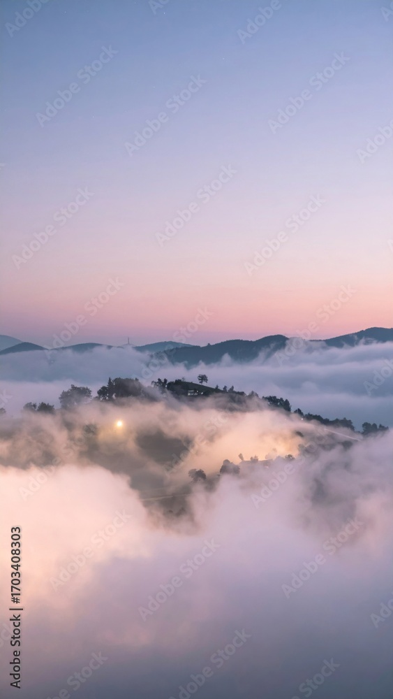 Fototapeta premium Dramatic Mountain Vista Above Dense Cloud Layers at Dusk with Pink Sky