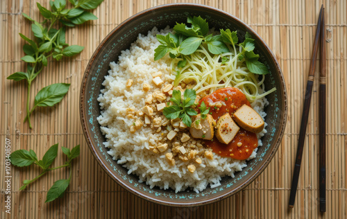 Delicious vegan rice bowl with pan-fried tofu, roasted peanuts, fresh basil, and a savory sauce, presented for a healthy meal