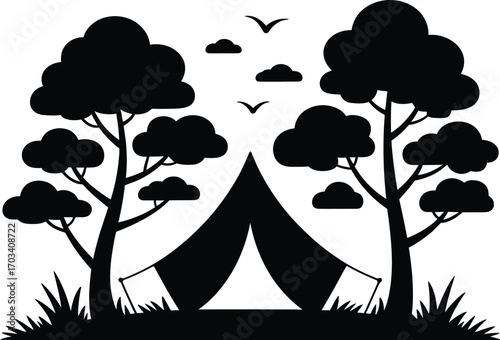 Black silhouette of camping scene tent trees