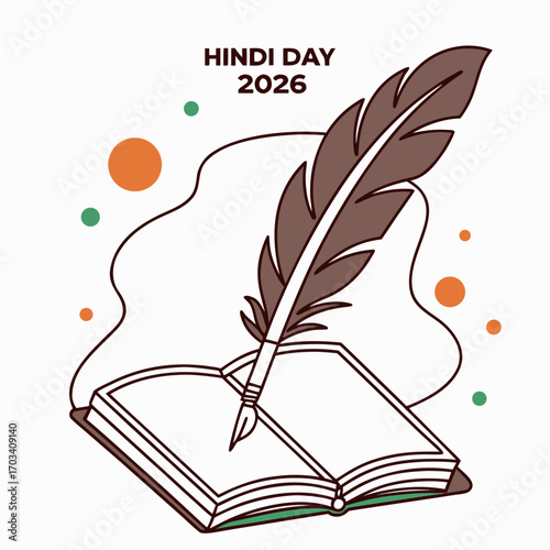 Celebrate hindi day 2026 with a quill pen writing in an open book surrounded by colorful circles