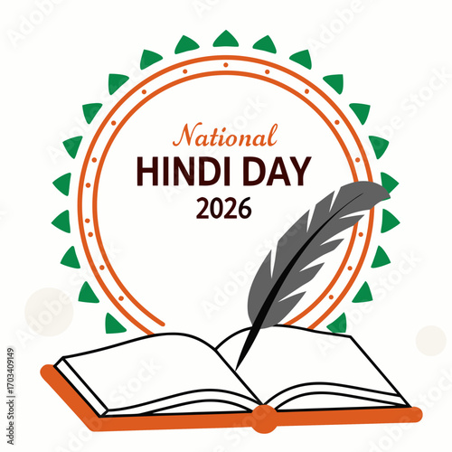 Celebrating national hindi day 2026 with an open book and quill pen symbolizing knowledge and literature