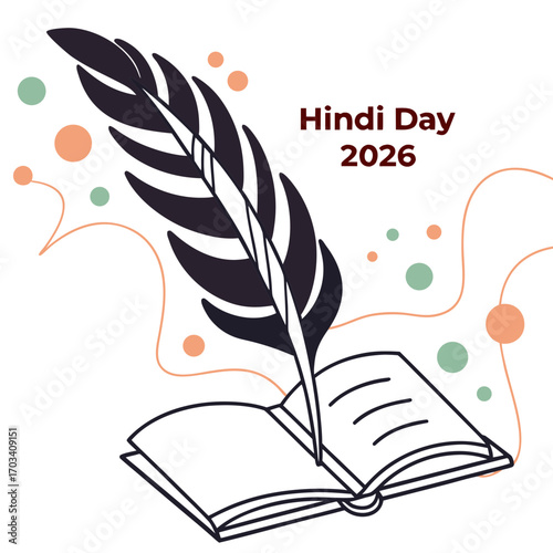 Celebrate hindi day 2026 with a quill pen resting on an open book and abstract bubbles