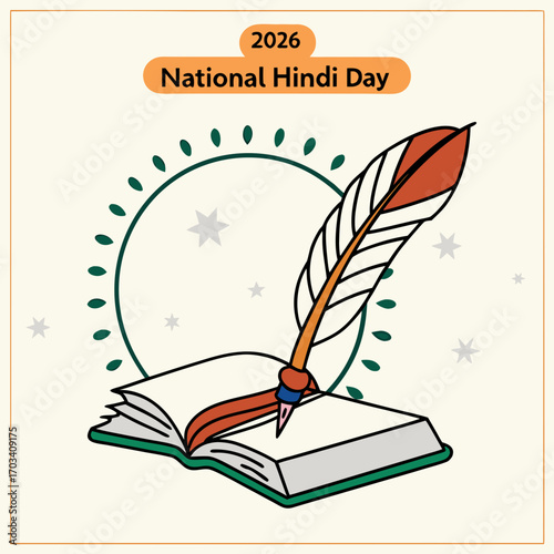 National hindi day 2026 celebration with a quill pen writing in an open book surrounded by decorative elements
