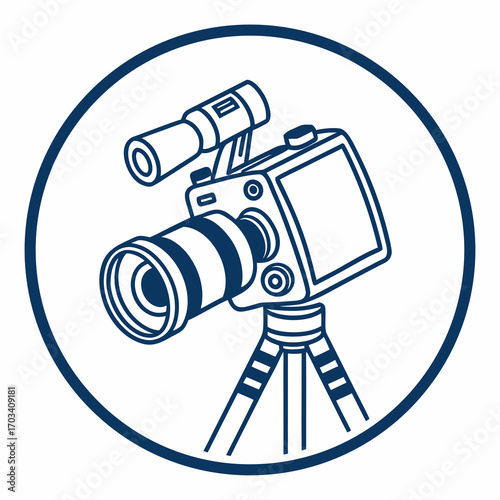 Stylized illustration of a professional video camera mounted on a tripod with a microphone attachment inside a circle