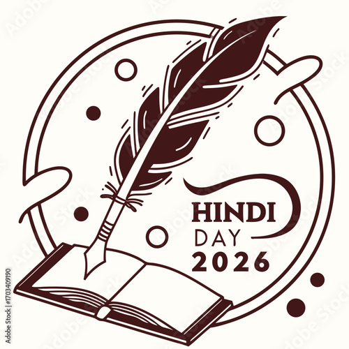 Celebrate hindi day 2026 with a quill pen and open book symbolizing knowledge and literature
