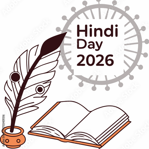 Celebrate hindi day 2026 with a quill pen inkwell and open book illustration