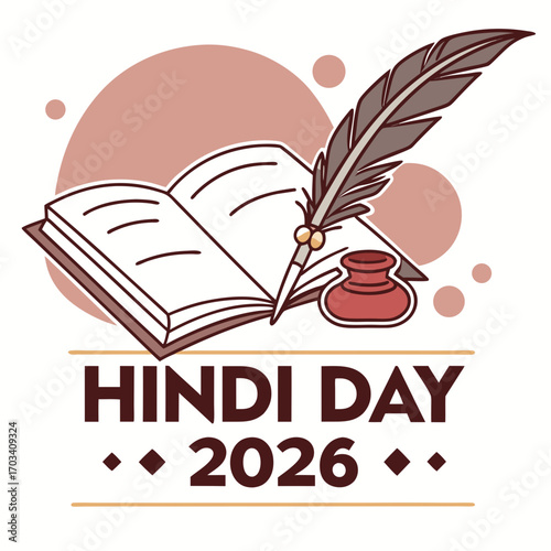 Hindi day 2026 celebration with an open book quill pen and inkwell illustration