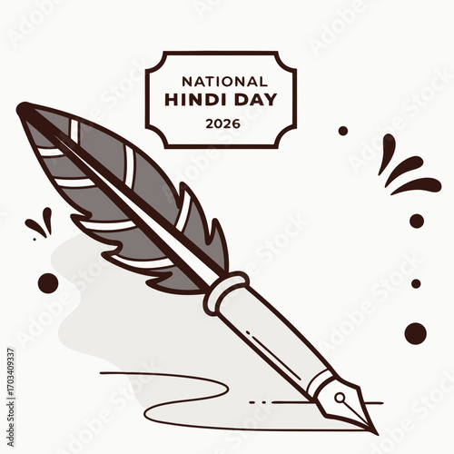 Celebrate national hindi day 2026 with a classic quill pen writing in ink on a white background
