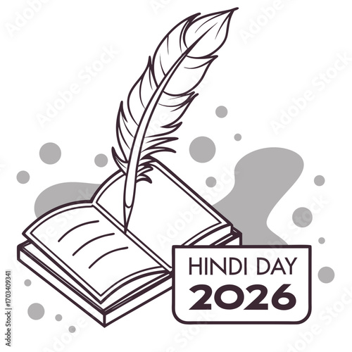 Open book with a quill pen and hindi day 2026 celebration text in a simple line art style