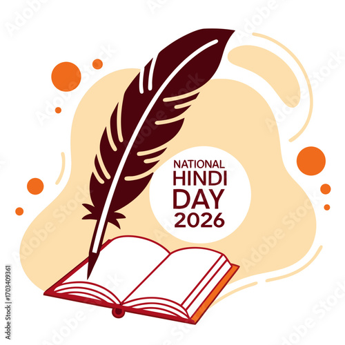 Celebrating national hindi day 2026 with a quill pen and open book symbolizing knowledge and literature