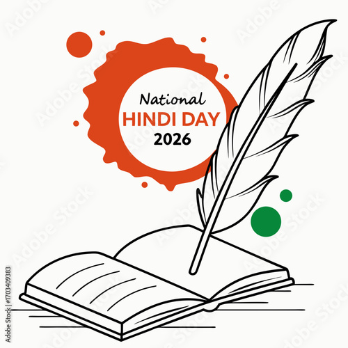 National hindi day 2026 celebrated with a quill pen writing in an open book with colorful ink splatters