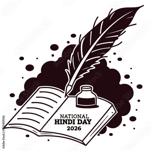National hindi day 2026 celebrated with quill pen inkwell and open book illustration