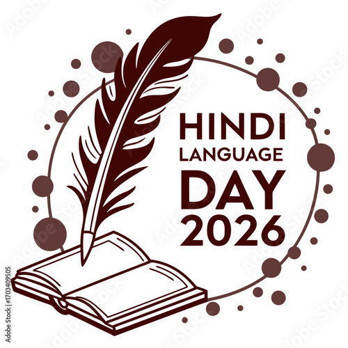 Celebrating hindi language day 2026 with a quill pen and open book symbolizing knowledge and learning