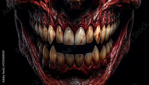 Close-up of a grotesque evil creature's smile, revealing decaying, sharp fangs and horrifying bloody flesh on a dark background