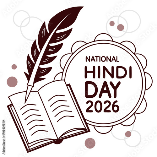 National hindi day celebration 2026 with quill pen and open book illustration