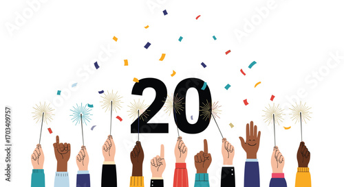 Celebrating twenty years of success with joyful hands holding sparklers and falling confetti