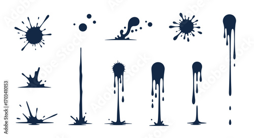 Collection of diverse liquid ink splatter and drip effects for dynamic visual applications