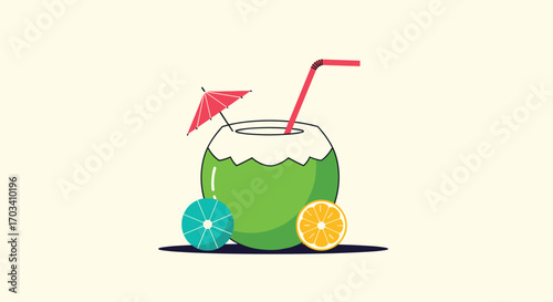 Refreshing tropical coconut drink with citrus fruit and umbrella for summer enjoyment