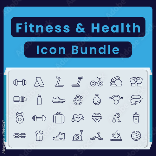 Fitness and Health Icon Bundle with Dumbbells Treadmill Kettlebell and Sports Equipment icons