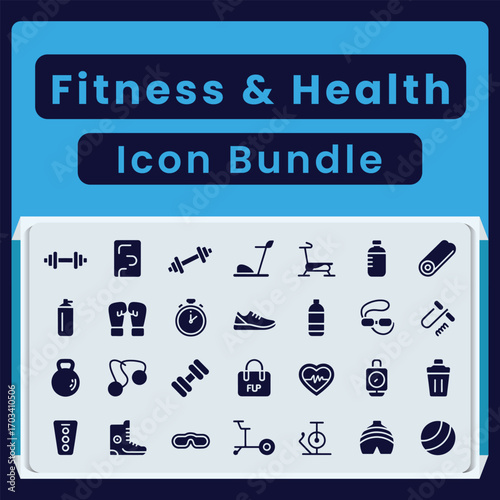 Fitness and health icon bundle with dumbbells water bottles and exercise equipment vector