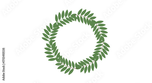 A beautiful circular wreath composed of delicate green leaves forming a harmonious natural pattern on a white background