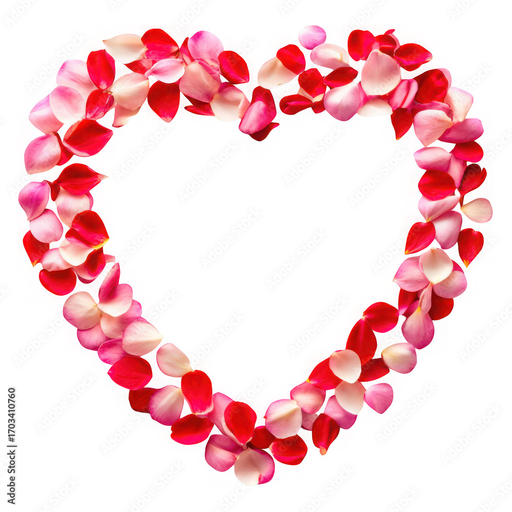 Fototapeta premium Heart-shaped frame meticulously crafted from delicate red and pink rose petals