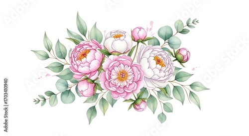 Delicate bouquet of pastel peonies and eucalyptus, a watercolor-style arrangement, showcasing soft pinks and whites, with elegant greenery.