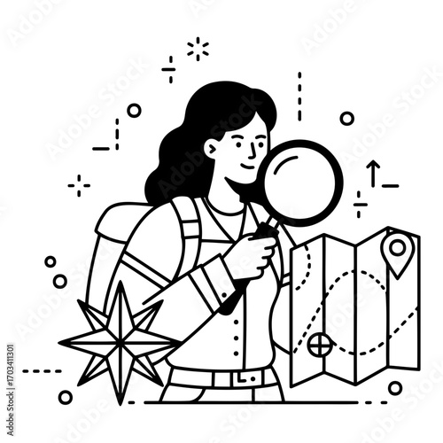 Woman exploring map with magnifying glass and compass in hand  