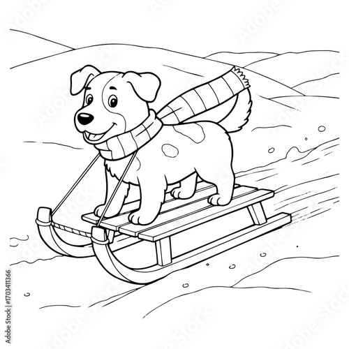 Happy dog sledding on a wooden sled in a snowy landscape  