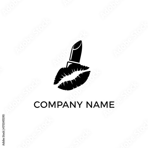 Elegant black lipstick and lips logo for beauty brand cosmetics company.