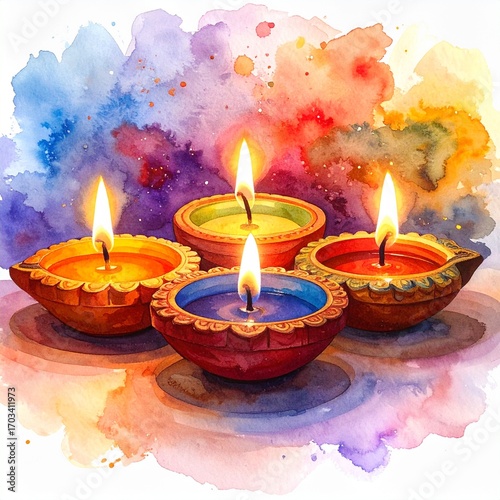 Group of diwali diya or oil lamp watercolour background