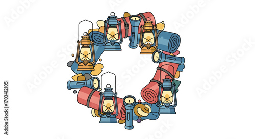 Cozy outdoor adventure gear arrangement for camping and exploration activities