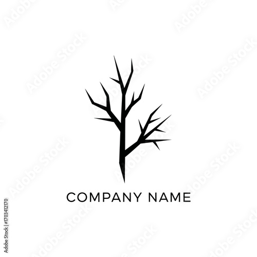 Minimalist bare tree branch silhouette vector logo design.