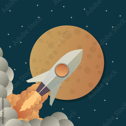 Rocket ship in a flat style.Vector illustration with 3d flying rocket. Space travel to the moon. Space rocket launch. Project start up and development process.