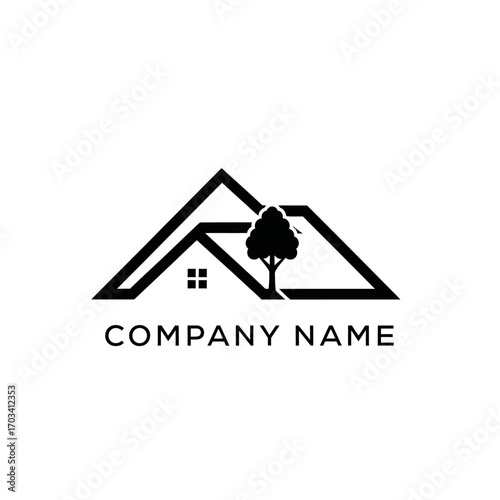 Minimalist House Logo Design with Tree Silhouette and Clean Lines.