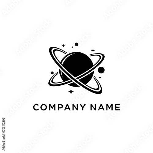 Minimalist planet logo with orbital rings and stars.