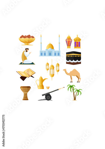 Set traditional Muslim objects in Ramadan Kareem. Traditions, worship.ai