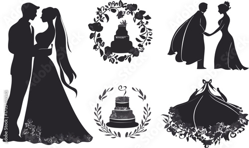 Elegant wedding silhouette collection featuring couple bride groom cake and dress designs