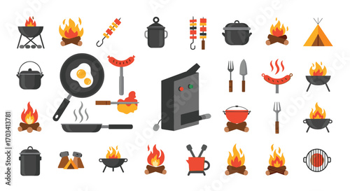 Outdoor cooking equipment and food preparation icons for grilling and camping adventures