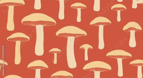 A charming collection of autumn forest fungi in a retro pattern design