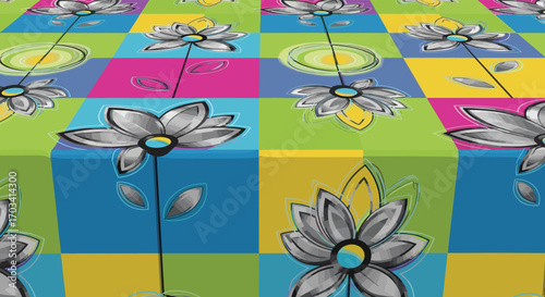 Vibrant floral square pattern with whimsical flower designs and bright color blocking for decorative fabric prints