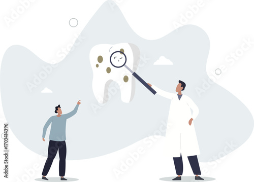Dentist showing caries on tooth to children. Magnifier, diagnostics,life and employment of people.