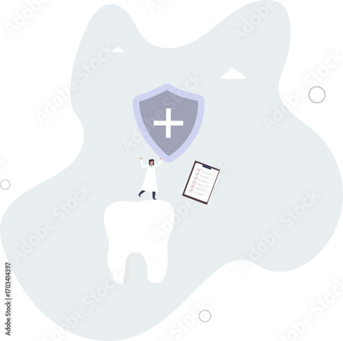 Huge human hand holding dentist and big tooth. Medical professional next to healthy tooth .life and employment of people.