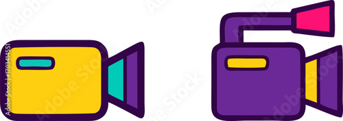 A colorful collection of video camera and camcorder icons in a flat design style, representing filmmaking, cinema, and digital media production