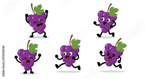 Collection of five adorable and expressive cartoon grapes in various active poses and delightful joyful expressions isolated on a clean white background